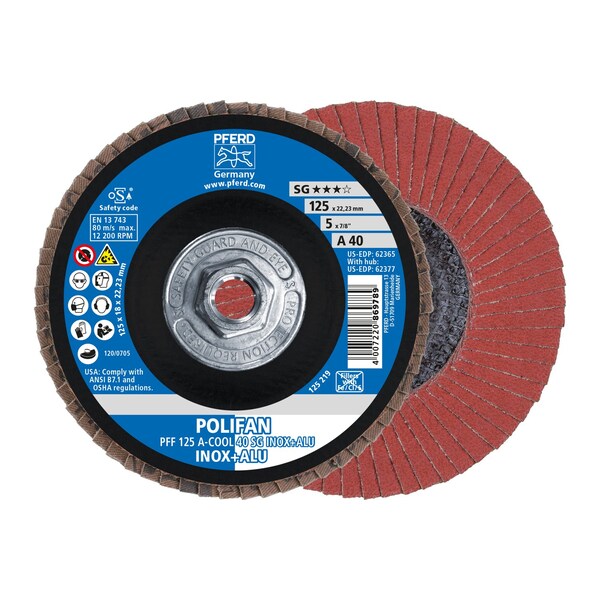 Pferd 5" x 5/8-11 Thd. POLIFAN Flap Disc - A-COOL SG INOX+ALU, Aluminum oxide, 40 Grit, Flat 62377 - main